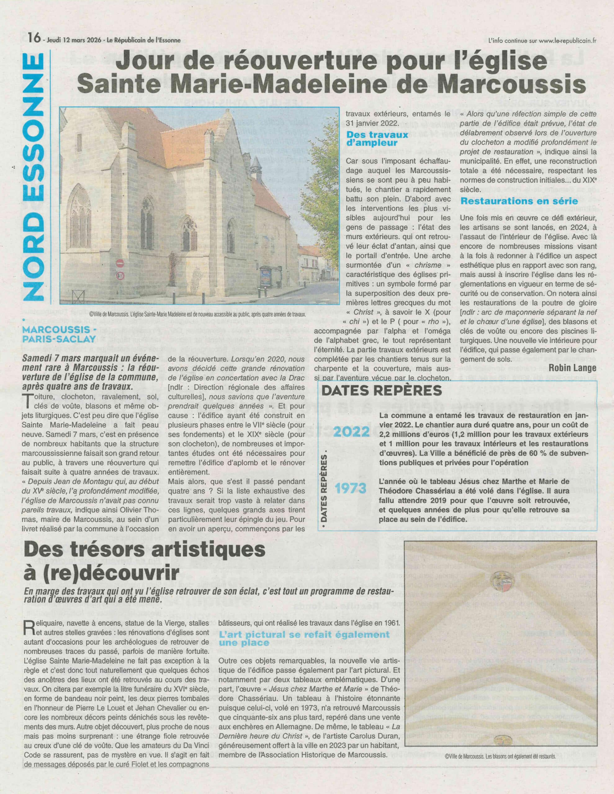 Le Républicain – Réouverture de l&rsquo;église Sainte-Marie-Madeleine